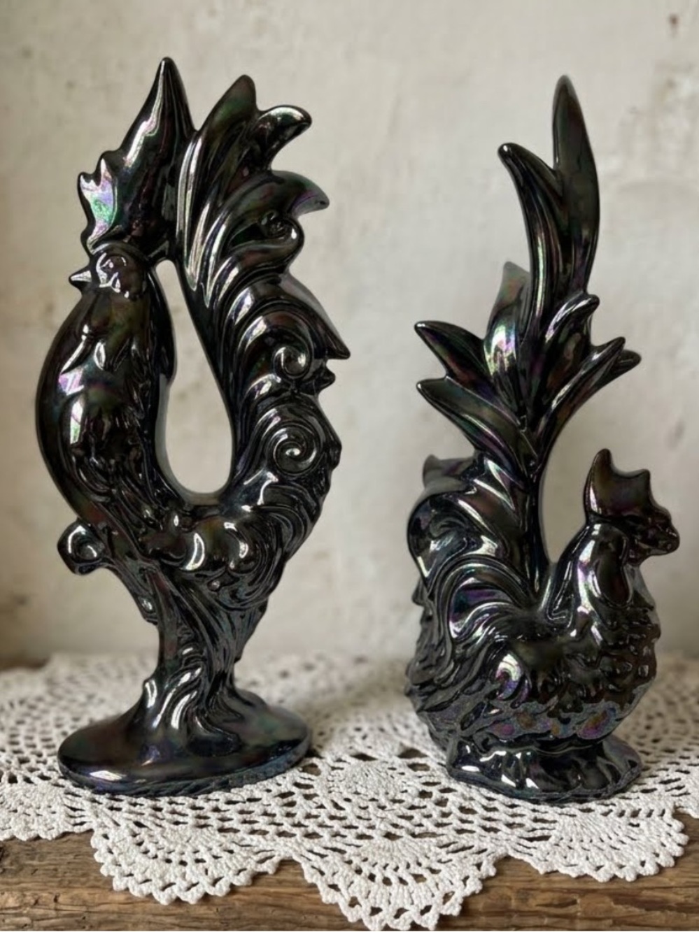 VTG Mid Century Black Iridescent Ceramic Rooster & Hen Figurine Set Farmhouse